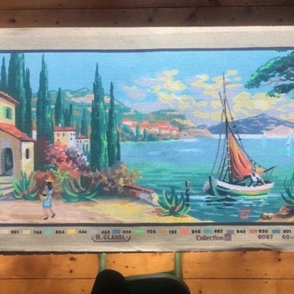 Méditerranée Coast vintage Needlepoint Penelope Canvas XL Italien Cyprès Bateaux Voile Bateau w marin femme shopping H Glassl