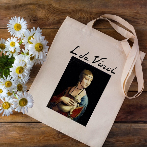 Sac à provisions en coton écru naturel avec Leonardo da Vinci Lady avec une hermine