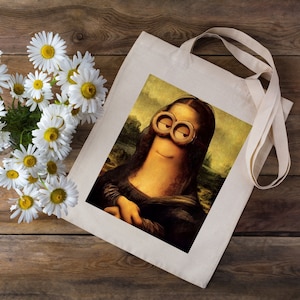 Cotton natural ecru shopping bag with caricature of Mona Lisa