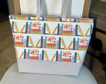 Catholic Bookshelf Zipper Top Chubby Tote Bag, Religious Gift for Women, Catholic Christian Accessory, Bible Study Bag