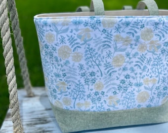 Chi Rho Blue Floral Chubby Tote Bag, Religious Christian Purse for Women