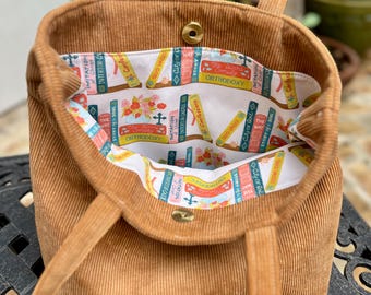 Catholic Bookshelf Tote Bag | Caramel Brown Corduroy Tote | Literary Saint-Inspired Bag | Book Lover Gift | Faith -Inspired Handbag | Purse