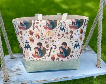 Holy Family Chubby Tote Bag, Religious Catholic Purse for Women