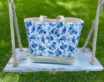 Auspice Maria Blue Floral Chubby Tote Bag, Religious Catholic Purse for Women