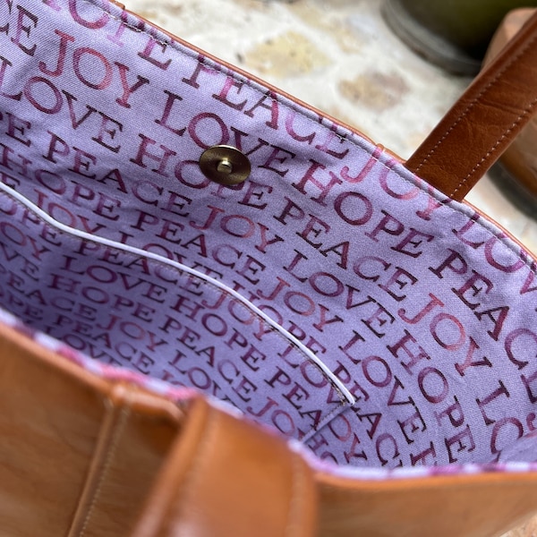 Words of Faith Caramel Brown Faux Leather Tote Bag, Hope Peace Joy Love, Purple Purse Lining, Chrisitan Gift for Women, Handbag, Bible Study