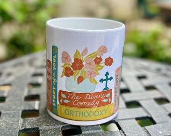 Katholisches Bücherregal 11 Unzen Keramikbecher - Glaube inspirierte Kaffeetasse, Christian Reader Geschenk, literarisches katholisches Geschenk, Saint inspirierte Teetasse