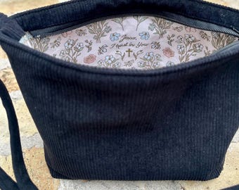 Jesus I Trust in You Black Corduroy Crossbody Bag, Catholic Christian Purse for Women