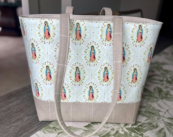 Our Lady of Guadalupe Tote Bag - Handmade Catholic Gift - Floral Virgin Mary Purse