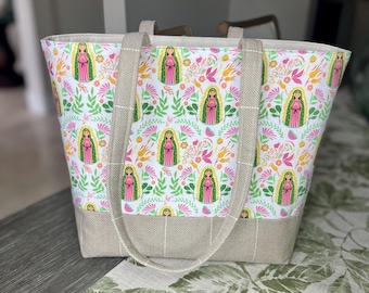 Our Lady of Guadalupe Tote Bag - Handmade Catholic Gift - Floral Virgin Mary Purse