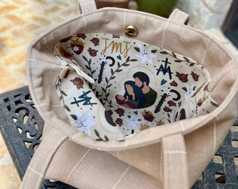 Catholic Mid-Sized Tote Bag, Holy Family Marian Fabric Purse, Handmade, Christian Gift for Women, Faith Inspired Everyday Bag, JMJ