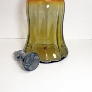 Vintage Blenko Amberina Art Glass Bell Shaped Decanter with Stopper, Joel Philip Myers, is in a retro design. The pontil mark shows authenticity of the blown glass.