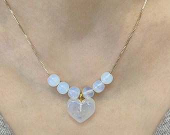 Opaline Bead Necklace, Faux Opal Heart Pendant, Sterling Silver Gold Filled Chain