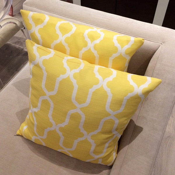 Yellow and white Pillow, Bright Moroccan Pattern Mellow Lemon Yellow /White Throw Decorative Pillow, sunny pillow, Stays fluffy, Each