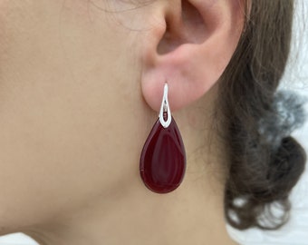 Vintage Ruby Red Crystal Teardrop Earrings, Sterling Silver Filled