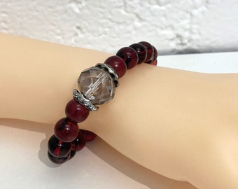 Beaded Stretch Bracelet, Red Agate, Baroque Pearl, Crystal Beads