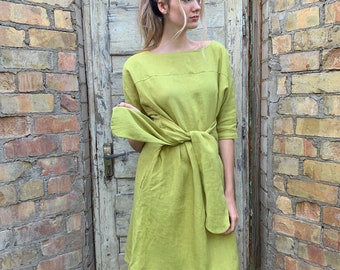 Linen  Dress Jane, Green Linen Dress,  Dress For Women From Linen, Washed Linen Dress, Midi Linen Dress, Pocket Linen Dress