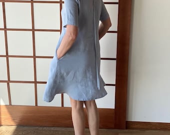 Linen Dress Agota, Light Blue Linen Dress, Organic Linen Dress, Bridesmaid Linen Dress, Linen Short Sleeve Sea Shells Button Dress