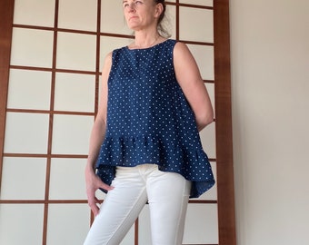 Lolita Top, Linen Top, Oversized Linen Top, Navy in White Dots Top, Linen Blouse, Plus Size Linen Top