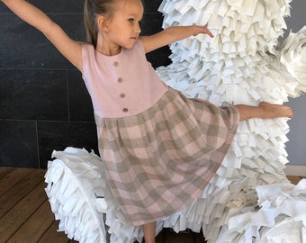 Kery Girls Linen Dress, Blush Rose In Checks Linen Girls Dress, Organic Linen Girls Dress, Flower Girl  Linen Dress