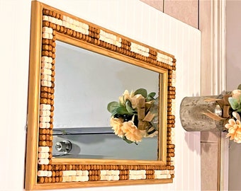 Rectangular Mirror- Natural Wood Wall Mirror- Beaded Wall Mirror 29"L X 17.5 W