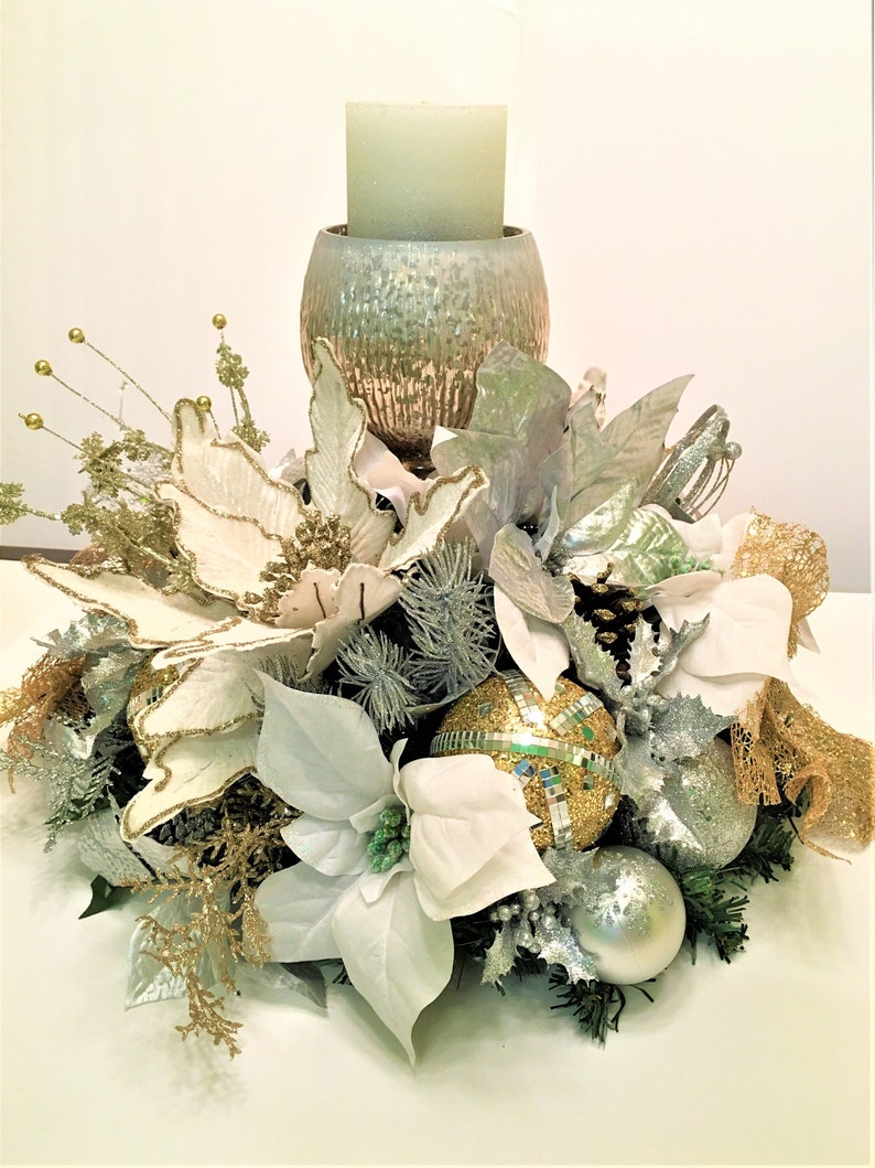 Winter Candle Centerpiece, Gold/Silver/White Christmas table Centerpiece, Designer Candles, 20 round x 12 H image 3