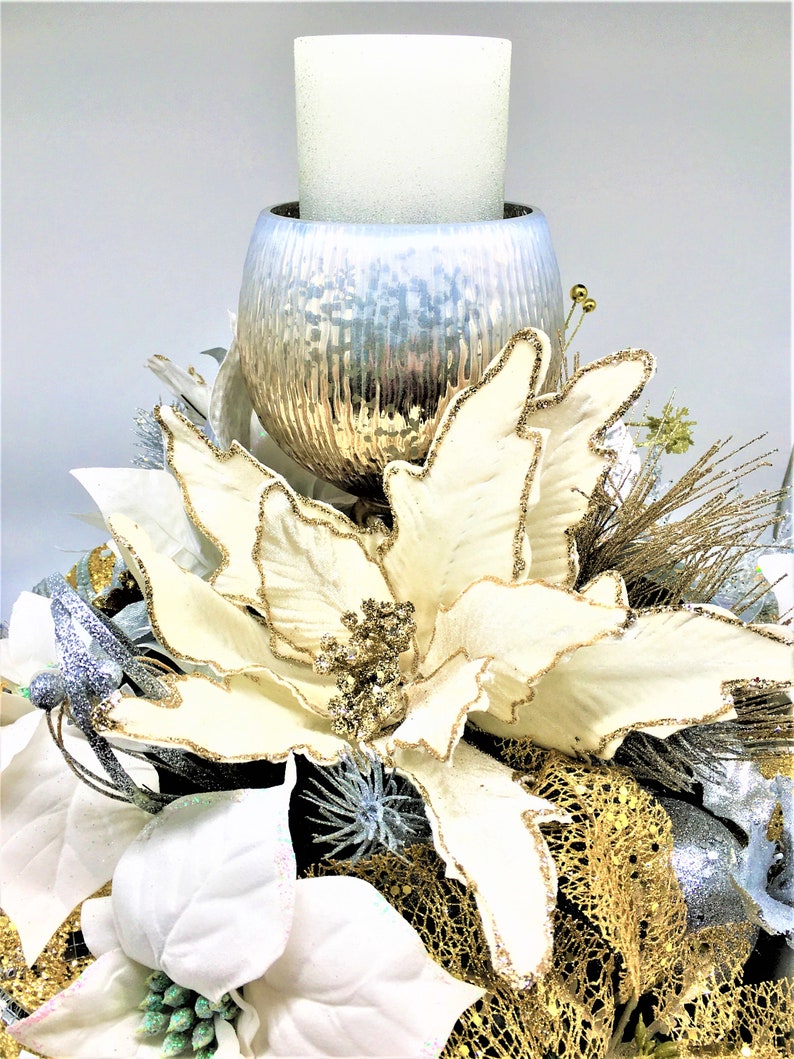 Winter Candle Centerpiece, Gold/Silver/White Christmas table Centerpiece, Designer Candles, 20 round x 12 H image 4