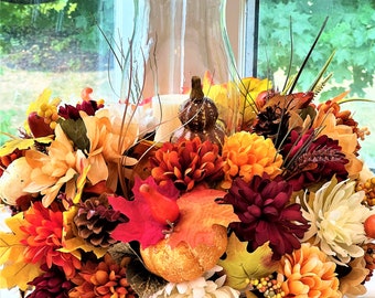 Harvest Pumpkin- Fall Centerpiece 10H"x 15" Round x 11.5" Hurricane Vase Thanksgiving Centerpiece