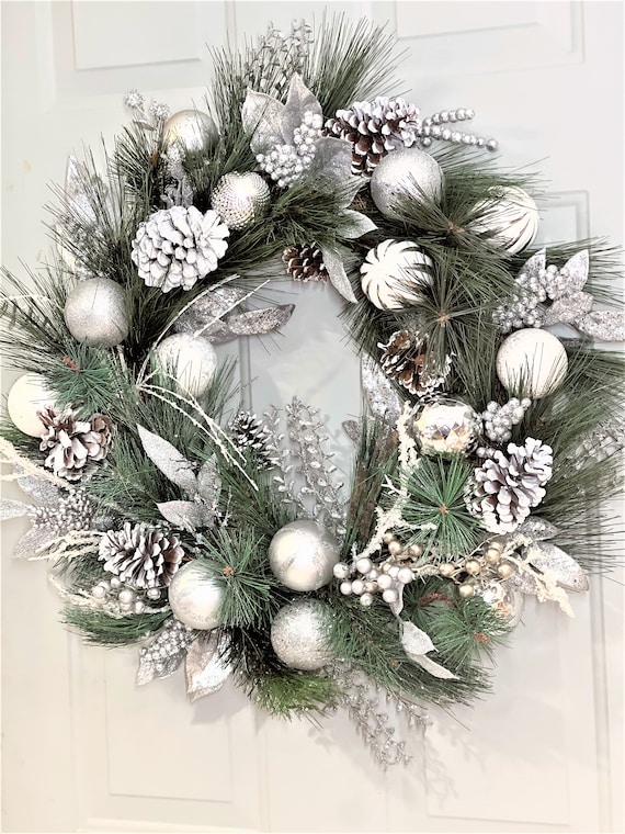 Winter Wreath ,front Door Wreath, Pine Cone and Berries, Silver