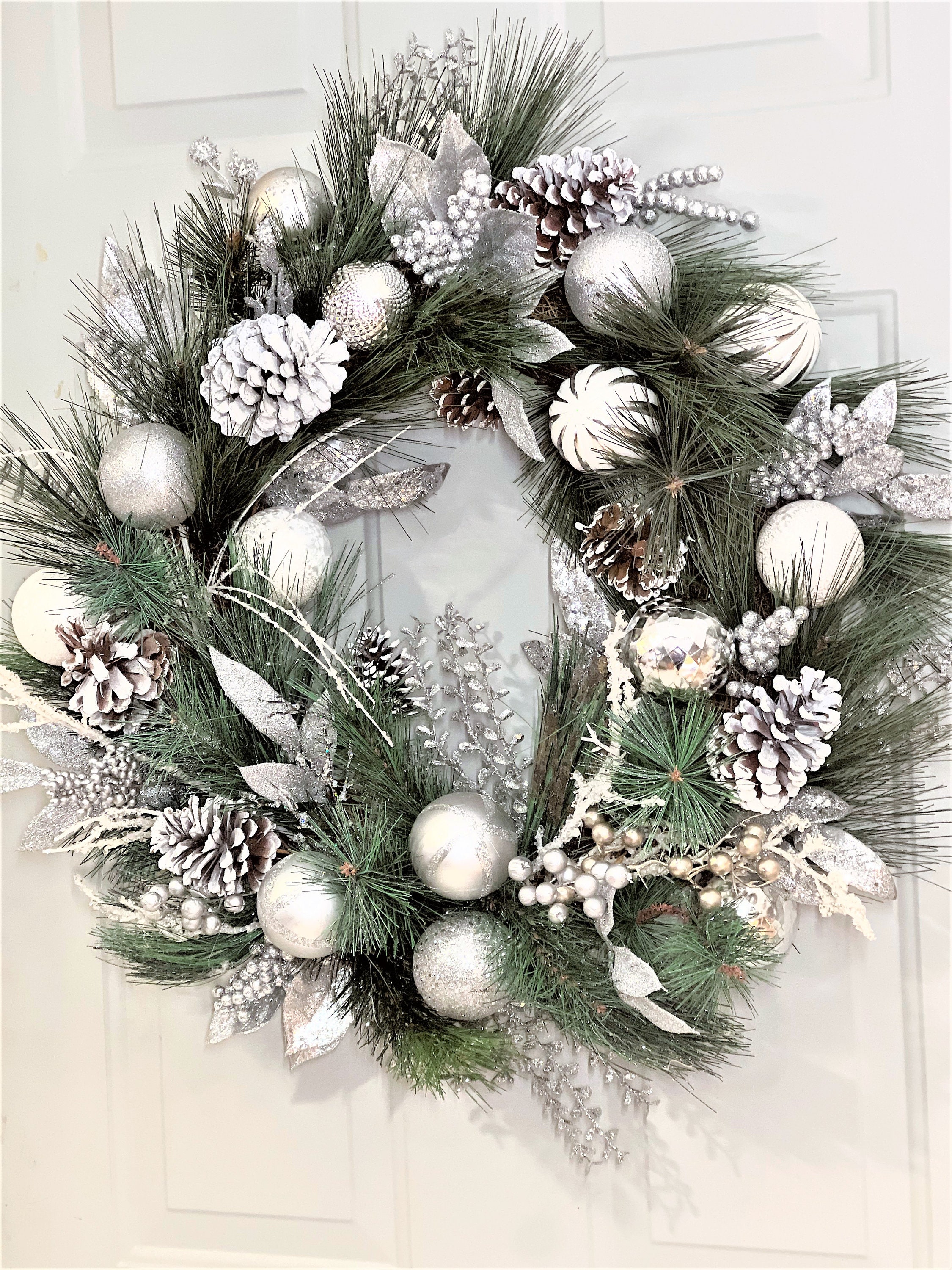 Winter Wreath ,front Door Wreath, Pine Cone and Berries, Silver