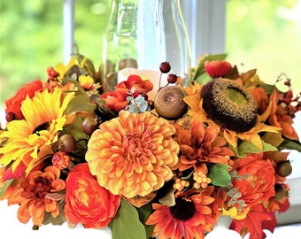 Floral Home Décor-Fall Centerpiece-Table arrangements 12&quot; H X 20&quot; Diameter X 11.5 Hurricane Glass