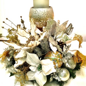 Winter Candle Centerpiece, Gold/Silver/White Christmas table Centerpiece, Designer Candles, 20 round x 12 H image 1