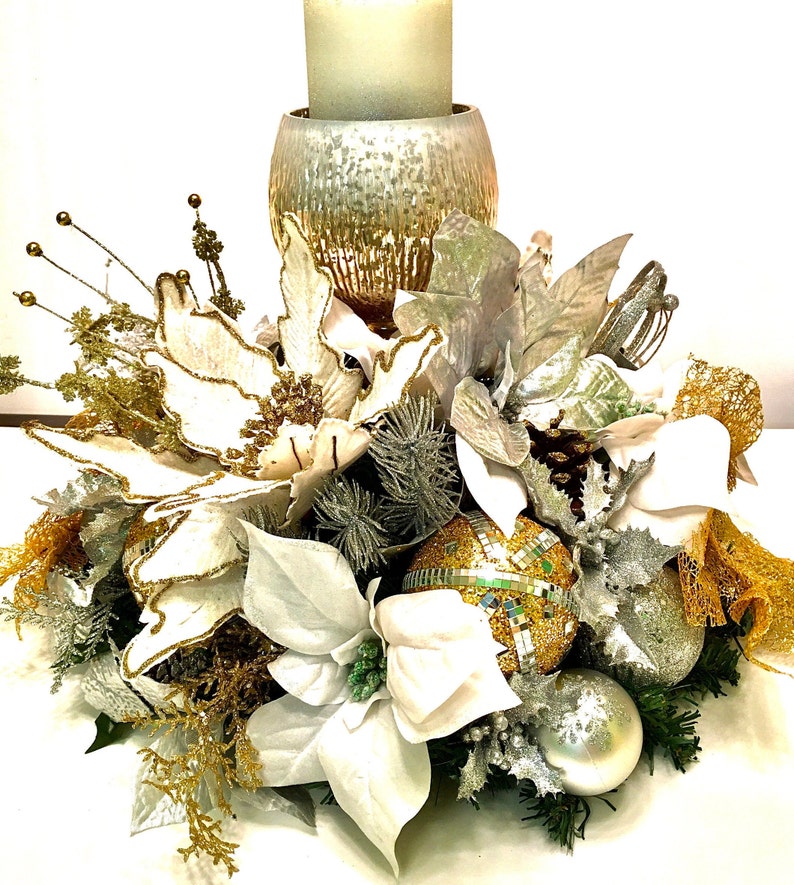 Winter Candle Centerpiece, Gold/Silver/White Christmas table Centerpiece, Designer Candles, 20 round x 12 H image 1