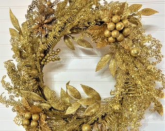Gold Wreath with Berries 25&quot; Glittered Wreath- Christmas Wreath