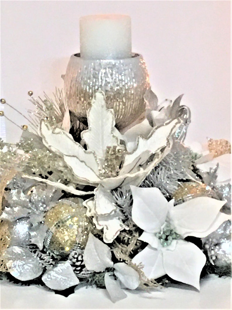 Winter Candle Centerpiece, Gold/Silver/White Christmas table Centerpiece, Designer Candles, 20 round x 12 H image 7