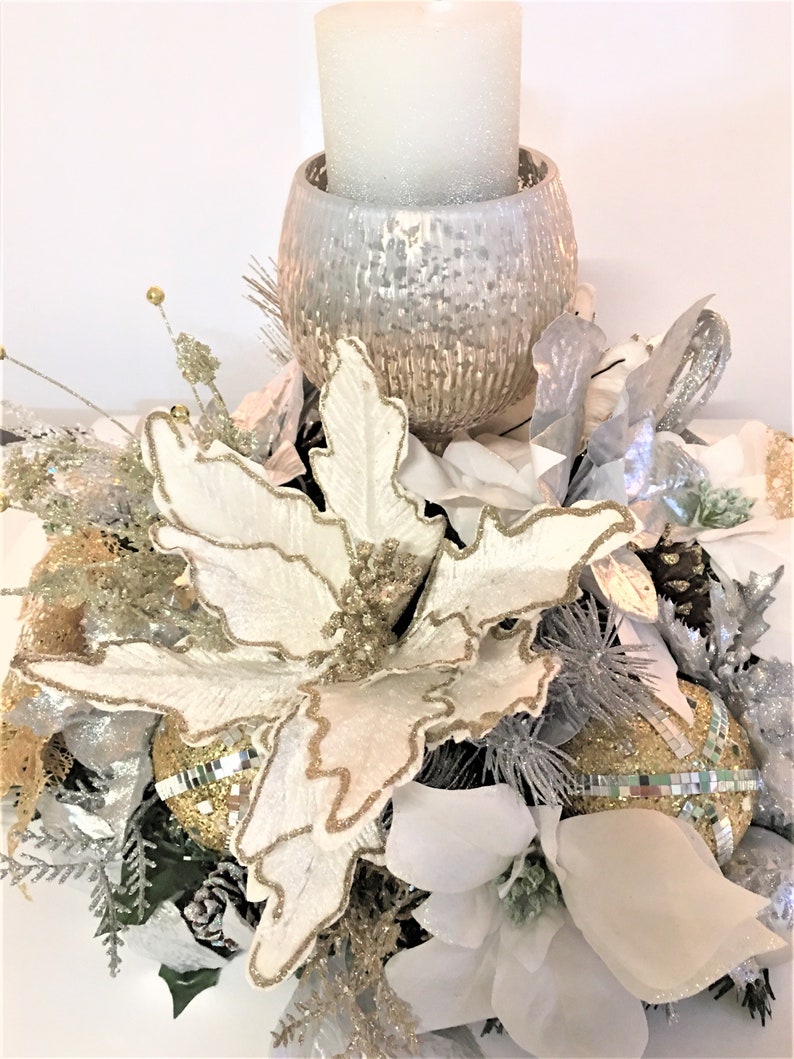 Winter Candle Centerpiece, Gold/Silver/White Christmas table Centerpiece, Designer Candles, 20 round x 12 H image 8