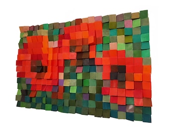 Poppies - 3D Wood Art, Wood wall art, Wood mosaic, Modern wall sculpture, Pixelated full color painting