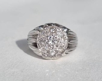 Antique Art Deco Diamond Ring: 18k White Gold Bombé Halo