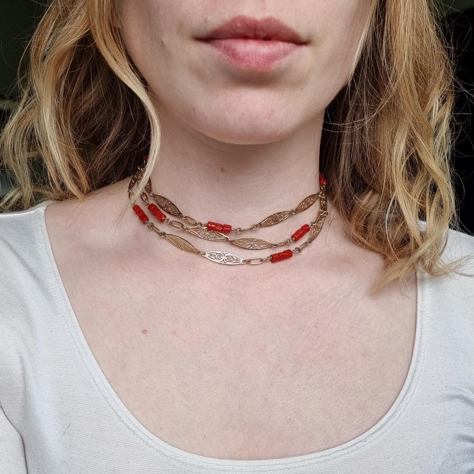 Collier Ras De Cou Ancien En Corail Véritable - Style Art Déco - Longueur ~41-45 Cm - Rose/blanc - Parfait état