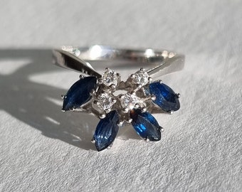 Vintage sapphire and diamond cluster ring in 18k white gold, ring enhancer with marquise cut blue sapphires