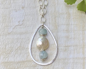 Fresh Water Pearl and Aquamarine Gemstone Large Pendant