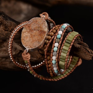 Coral Jade Bracelet,Adjutable Leather Wrap Bracelet, Boho Bracelet, Jasper Bracelet, Gemstone wrap, Zen bracelet,Calming Bracelet,