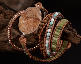 Coral Jade Leather Wrap Bracelet: Boho Gemstone Bracelet