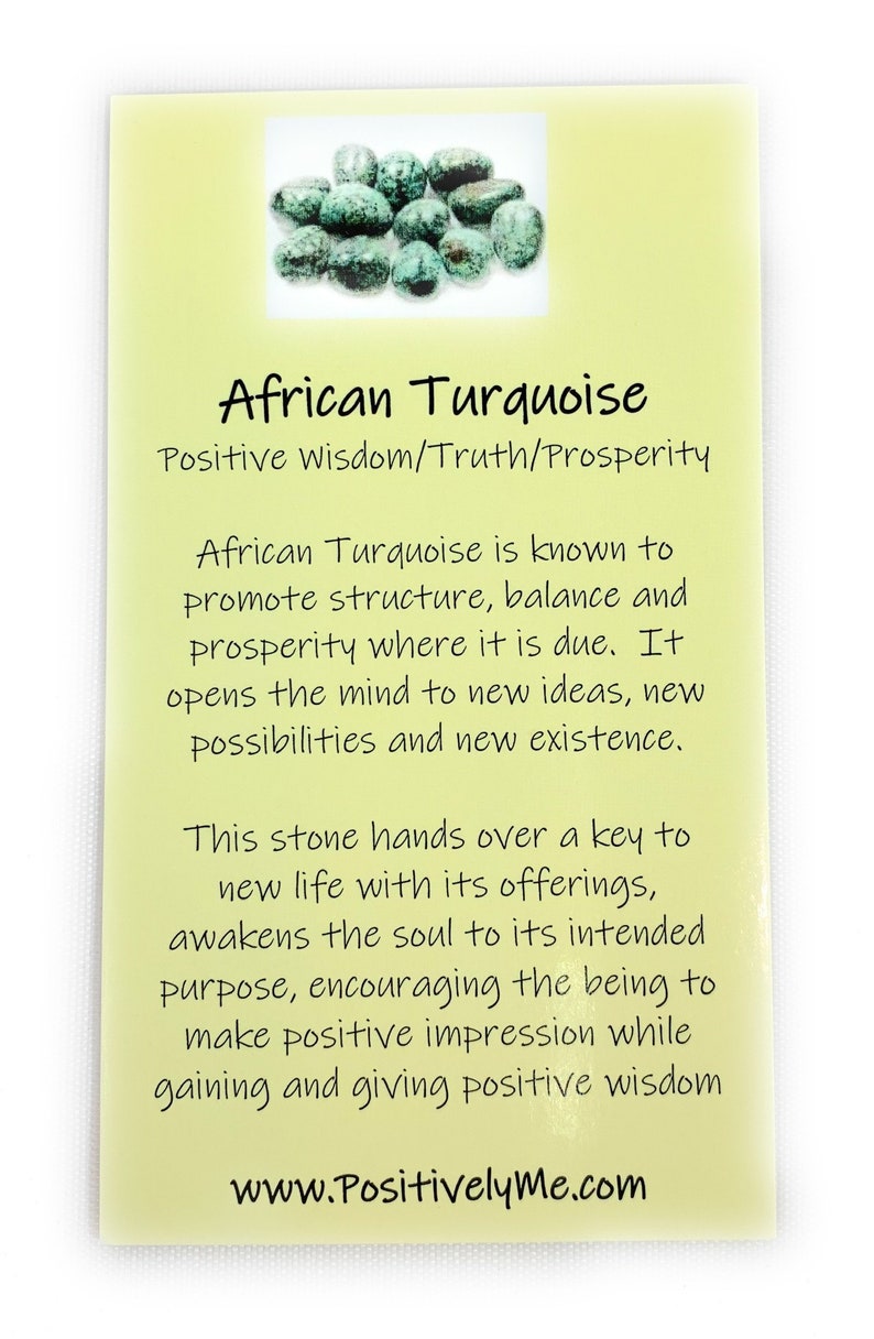 May include: A close-up of a pile of green and blue African turquoise stones. The stones are on a yellow background with the text "African Turquoise" and "Positive wisdom/Truth/Prosperity". The text below describes the stone's properties and benefits. The website address "www.PositivelyMe.com" is at the bottom.