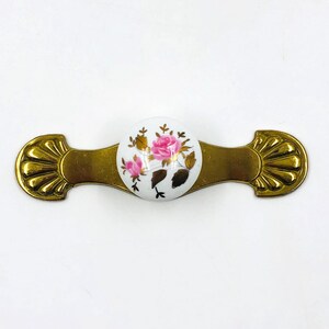 Vintage Knob and Backplate Set – Brass Backplate with Pink Rose Ceramic Knob