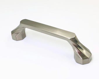 Drawer Pull - 3" Center - Silver Brushed Satin Nickel - Geometric Octagon Ends - Bar Arch - Kitchen Cabinet Cupboard Door Dresser Handle