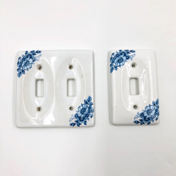 Vintage Ceramic Switch Plates Blue Floral Light Switch Cover Set Porcelain Grandmillennial Cottagecore Wall Plates Single Double Toggle