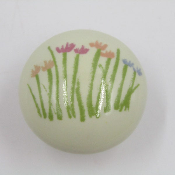 Floral Ceramic Knob 1.25" Wildflower Field Flowers with Stems Off White  Green Purple Pink Drawer Pull