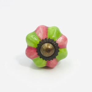 May include: A round, pumpkin-shaped cabinet knob featuring alternating vertical stripes of bright lime green and soft pink. The center of the knob has a dark, scalloped metal base with a smooth, rounded brass-toned metal cap in the middle.