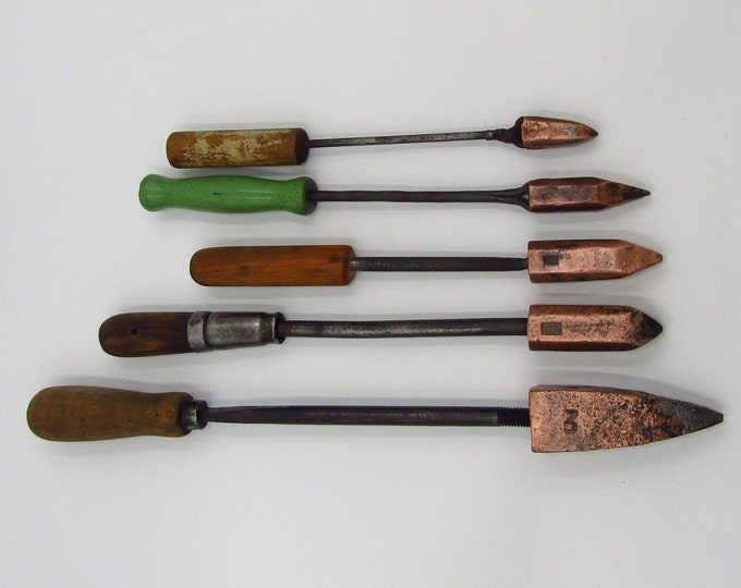 Antique Copper Soldering Irons Tip Head Wood Handle Solder Artisan