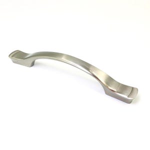 May include: A brushed nickel cabinet handle with a smooth, arched design. The hardware features a metallic silver finish with a subtle sheen, curved central grip, and flat, rectangular mounting ends that extend outward from the main body.